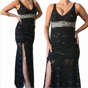 My Michelle Black Sequin & Lace Formal Gown | Silver Beaded Empire Waist Size 1